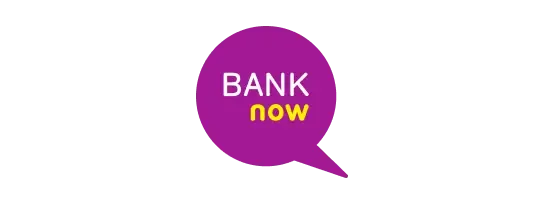 Purple speech bubble with 'BANK' in white and 'now' in yellow text.