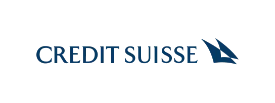 "CREDIT SUISSE" logo, blue text with an abstract blue arrow-like symbol.