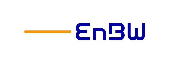 EnBW logo, an orange horizontal line extending to blue stylized "EnBW" text.
