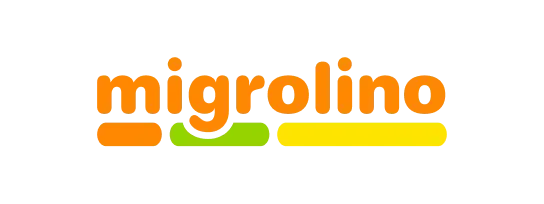 Migrolino logo, featuring colorful text with orange, green, and yellow elements.