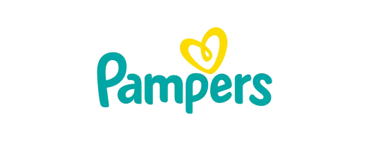 Pampers logo, teal text with a yellow heart shape above the 'p'.