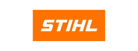 Stihl logo, white bold text on a vibrant orange rectangular background.