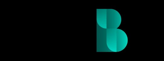 Stylized turquoise 'B' logo with layered, curved shapes on a black background.