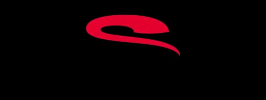Stylized red serpentine or curled shape logo on a black background.
