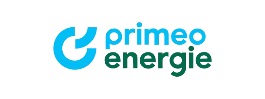 Logo for Primeo Energie, featuring a blue circular icon and text on a black background.