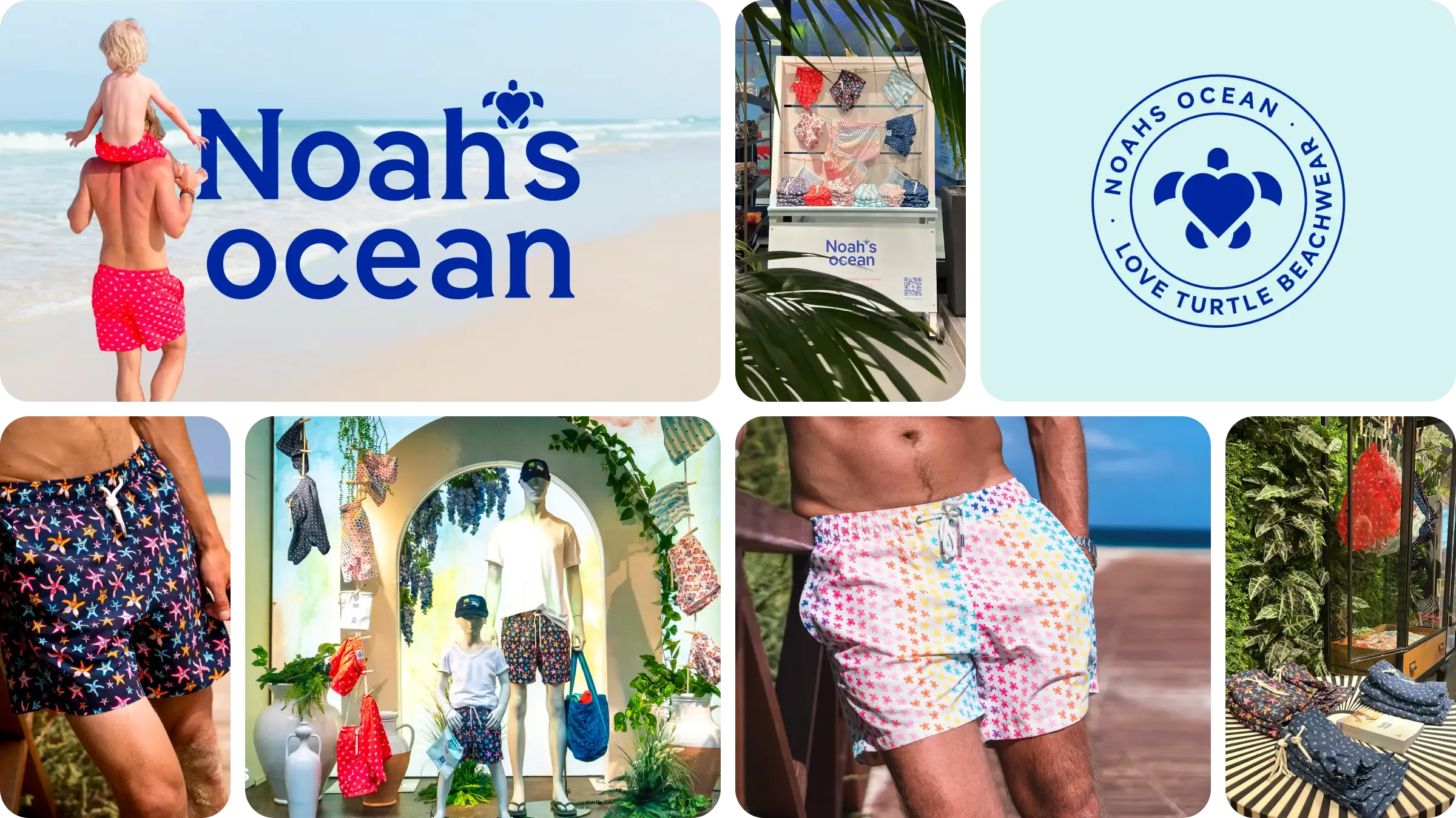 Noah's Ocean brand collage showcasing men's and boys' swimwear, logos, and beach displays.